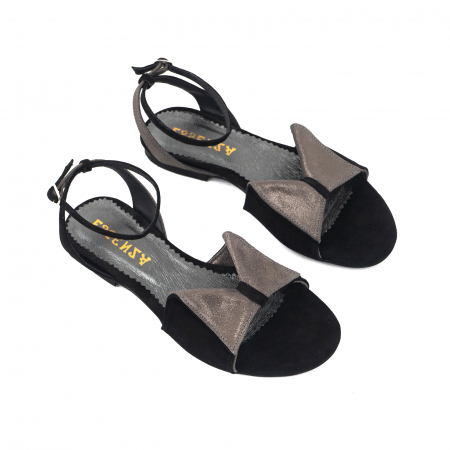 Sandale cu talpă joasă, din piele intoarsa neagra si piele gri glitter [2]