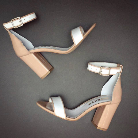 Insta Shop - Sandale cu toc gros, din piele alba si piele bej