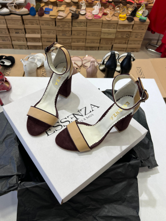 Sandale cu toc gros, din piele intoarsa visinie  si piele nude  [3]