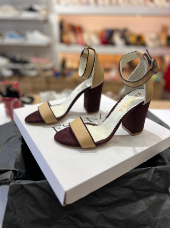 Sandale cu toc gros, din piele intoarsa visinie  si piele nude  [2]