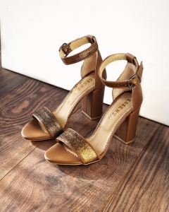 FEMEI - Sandale cu toc gros, din piele maro si piele glitter bronz