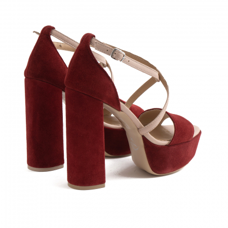 Sandale din piele nude rose si catifea burgundy, cu toc gros patrat si platforma [3]
