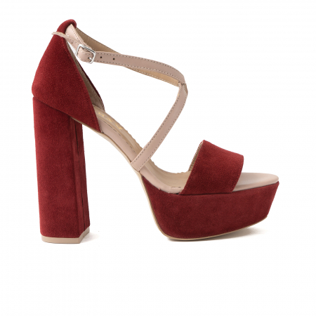 FEMEI - Sandale din piele nude rose si catifea burgundy, cu toc gros patrat si platforma