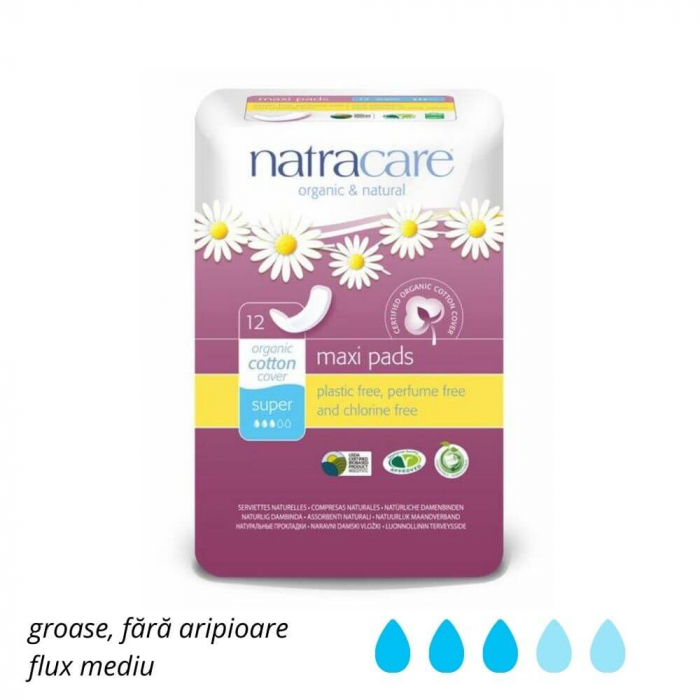 Absorbante bio fara aripioare Maxi Super Natracare, 12 buc