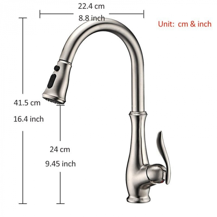 Bateria profesionala pentru bucatarie Shein, cu 2 functii de curgere, dus extractibil, argintiu nichelat [8]