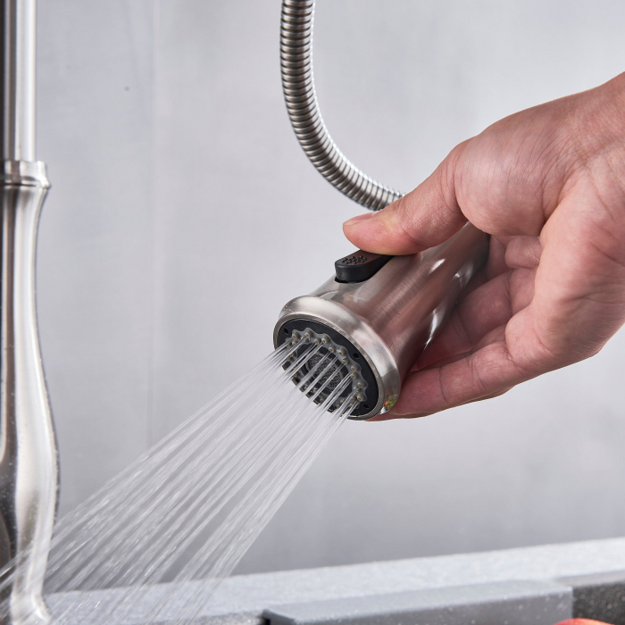 Bateria profesionala pentru bucatarie Shein, cu 2 functii de curgere, dus extractibil, argintiu nichelat [7]