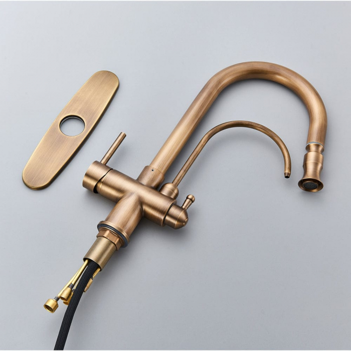 Baterie bucatarie pt. apa filtrata cu 2 cai si dus extractabil auriu antichizat [4]