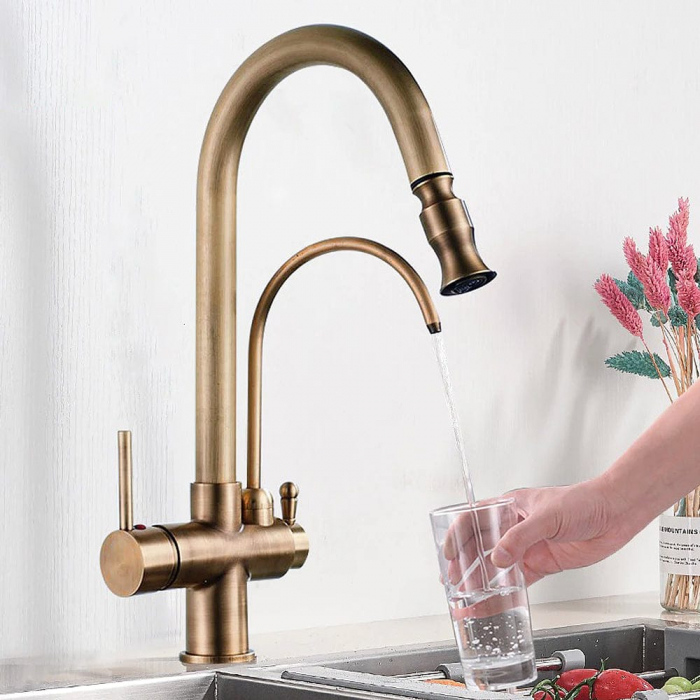 Baterie bucatarie pt. apa filtrata cu 2 cai si dus extractabil auriu antichizat [3]