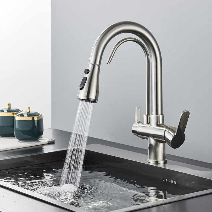 Baterie bucatarie pt. apa filtrata cu 3 cai si dus extractabil argintiu [2]