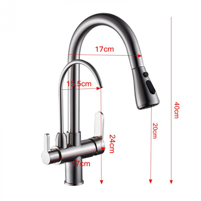 Baterie bucatarie pt. apa filtrata cu 3 cai si dus extractabil argintiu [6]