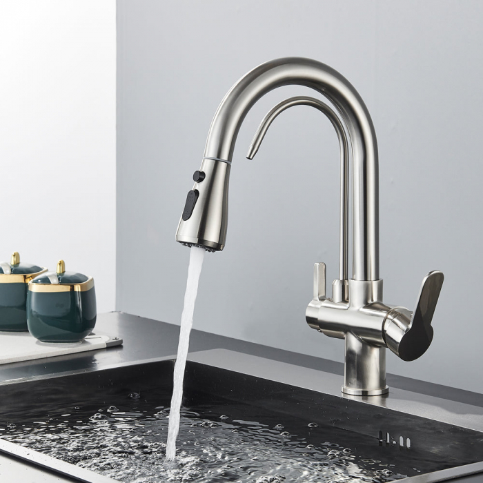 Baterie bucatarie pt. apa filtrata cu 3 cai si dus extractabil argintiu [3]