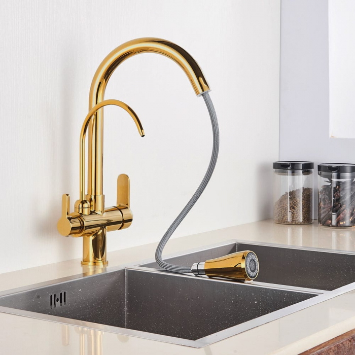 Baterie bucatarie pt. apa filtrata cu 3 cai si dus extractabil auriu [4]