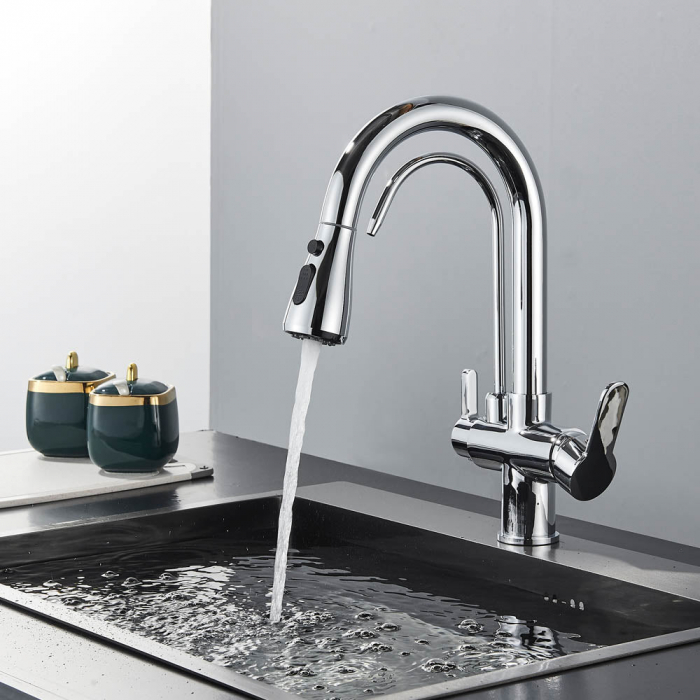 Baterie bucatarie pt. apa filtrata cu 3 cai si dus extractabil negru argintiu lucios [2]