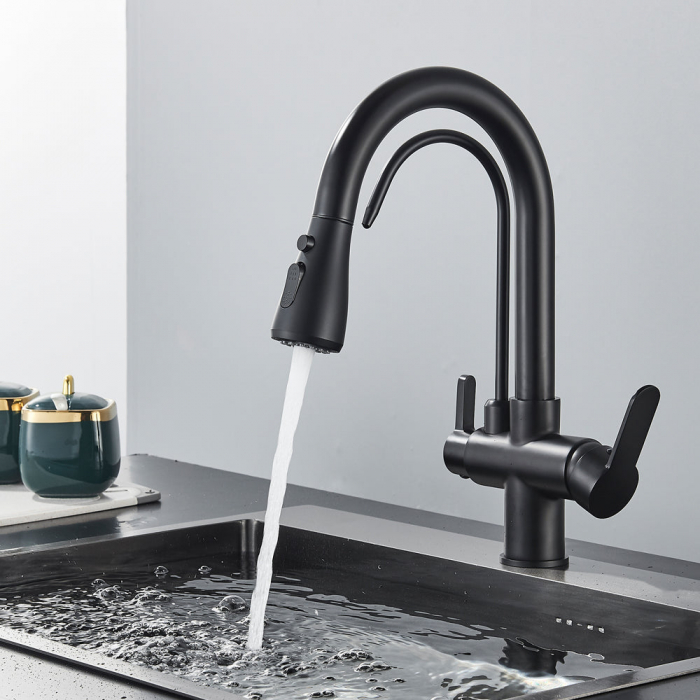 Baterie bucatarie pt. apa filtrata cu 3 cai si dus extractabil negru mat [2]