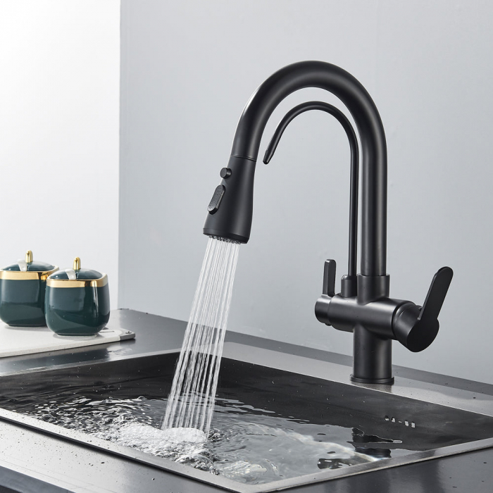 Baterie bucatarie pt. apa filtrata cu 3 cai si dus extractabil negru mat [3]