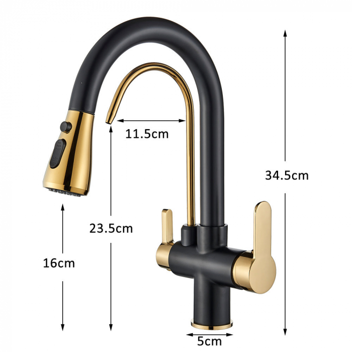 Baterie bucatarie pt. apa filtrata cu 3 cai si dus extractabil negru mat / auriu [5]