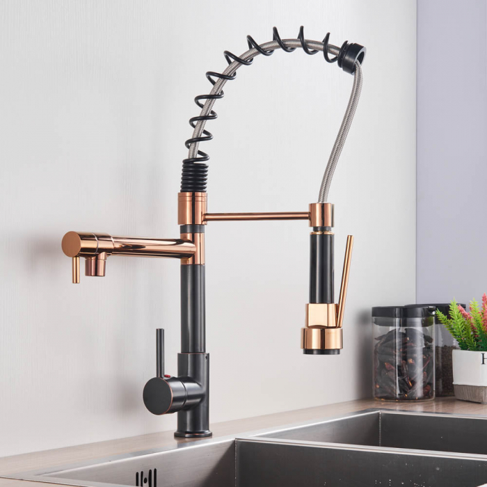 Baterie de bucatarie de lux cu dus detasabil, negru-rose [2]