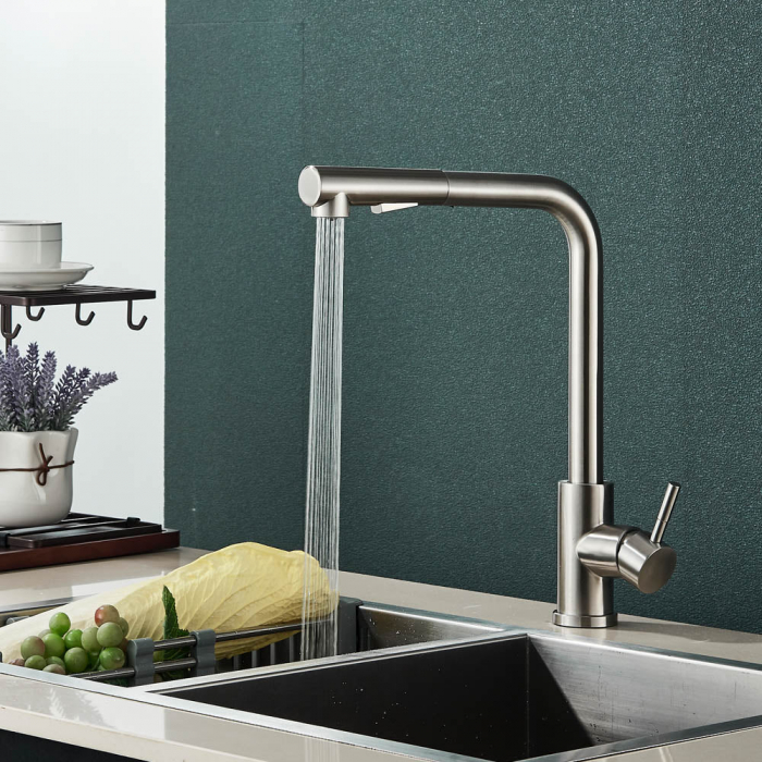 Baterie de bucatarie de lux, cu dus extractibil, argintiu [3]