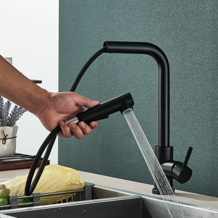 Baterie de bucatarie de lux, cu dus extractibil, negru mat [3]