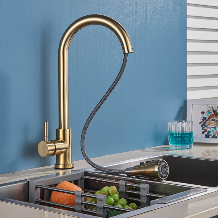 Baterie de bucatarie lux cu dus extractibil, auriu periat [4]