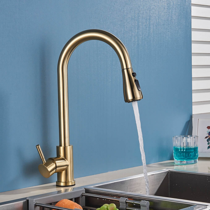 Baterie de bucatarie lux cu dus extractibil, auriu periat [3]