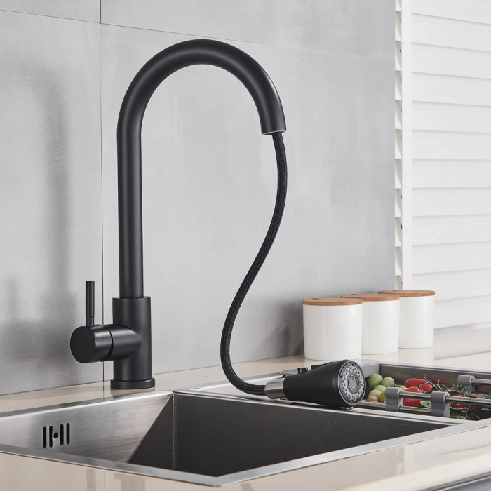 Baterie de bucatarie lux cu dus extractibil, negru mat [5]