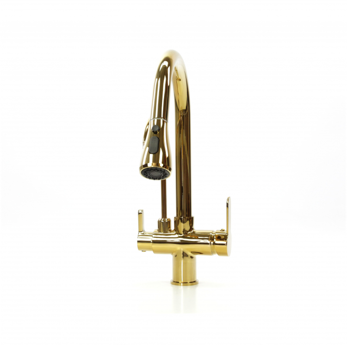 Baterie de lux bucatarie cu 3 cai, auriu lucios, cu 2 functii de curgere si dus extractibil [11]