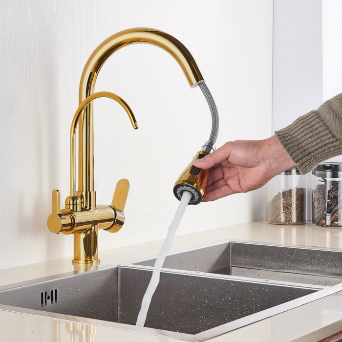 Baterie de lux bucatarie cu 3 cai, auriu lucios, cu 2 functii de curgere si dus extractibil [7]