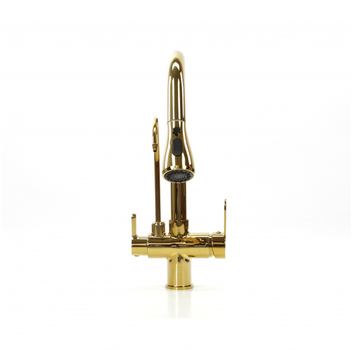 Baterie de lux bucatarie cu 3 cai, auriu lucios, cu 2 functii de curgere si dus extractibil [10]