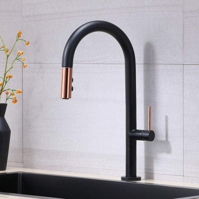 Baterie profesionala de bucatarie, cu dus extractibil, 2 functii de curgere, negru mat cu rose gold [2]