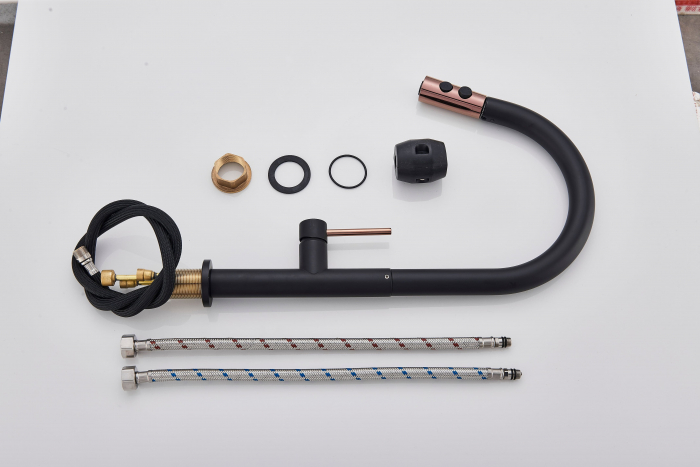 Baterie profesionala de bucatarie, cu dus extractibil, 2 functii de curgere, negru mat cu rose gold [6]