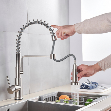 Baterii bucatarie - Bateria profesionala pentru bucatarie Heim Chrome, cu 2 functii de curgere, dus extractibil, senzor tactil de pornire/oprire, argintiu nichelat