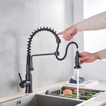 Baterii bucatarie - Bateria profesionala pentru bucatarie Heim Matte, cu 2 functii de curgere, dus extractibil, senzor tactil de pornire/oprire, negru mat