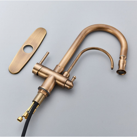 Baterie bucatarie pt. apa filtrata cu 2 cai si dus extractabil auriu antichizat [3]