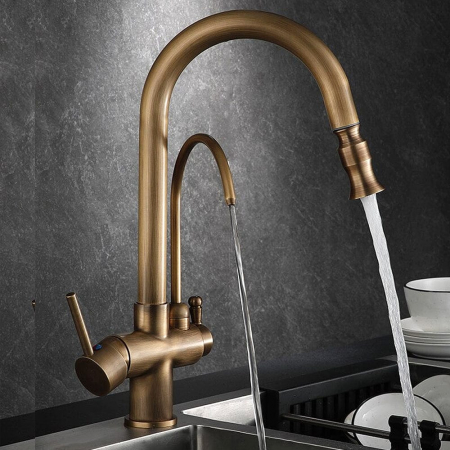 Articole de bucatarie - Baterie bucatarie pt. apa filtrata cu 2 cai si dus extractabil auriu antichizat