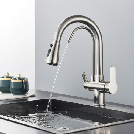 Articole de bucatarie - Baterie bucatarie pt. apa filtrata cu 3 cai si dus extractabil argintiu