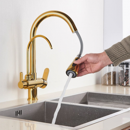 Articole de bucatarie - Baterie bucatarie pt. apa filtrata cu 3 cai si dus extractabil auriu