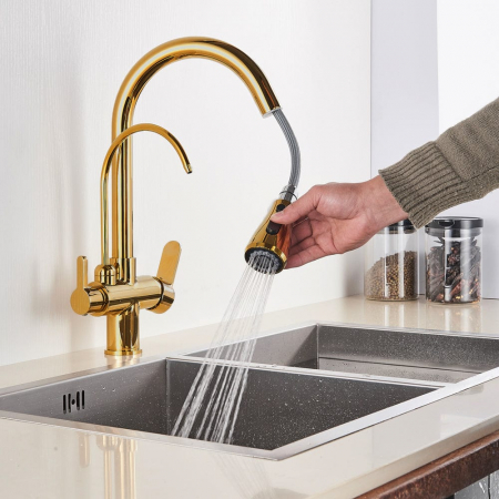 Baterie bucatarie pt. apa filtrata cu 3 cai si dus extractabil auriu [4]