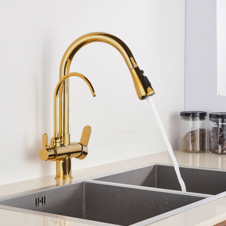 Baterie bucatarie pt. apa filtrata cu 3 cai si dus extractabil auriu [1]