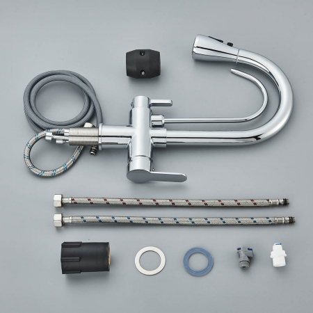 Baterie bucatarie pt. apa filtrata cu 3 cai si dus extractabil negru argintiu lucios [4]