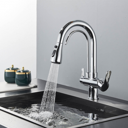 Baterii bucatarie cu filtru suplimentar - Baterie bucatarie pt. apa filtrata cu 3 cai si dus extractabil negru argintiu lucios