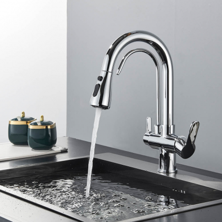 Baterie bucatarie pt. apa filtrata cu 3 cai si dus extractabil negru argintiu lucios [1]