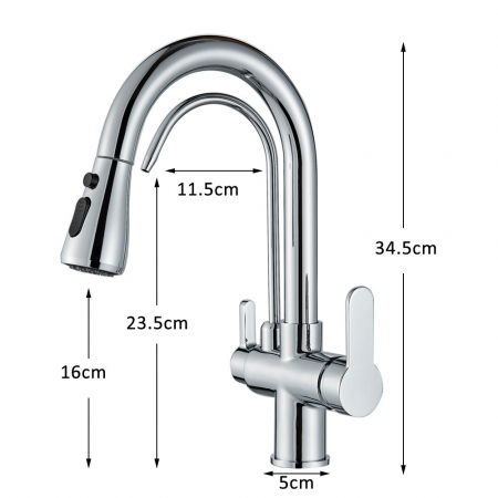Baterie bucatarie pt. apa filtrata cu 3 cai si dus extractabil negru argintiu lucios [5]