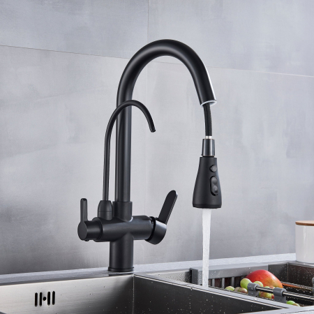 Baterie bucatarie pt. apa filtrata cu 3 cai si dus extractabil negru mat [3]