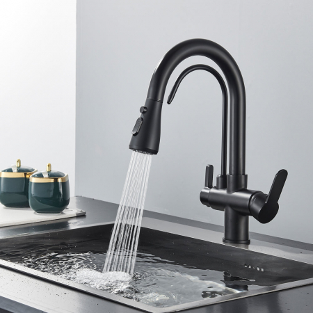 Baterie bucatarie pt. apa filtrata cu 3 cai si dus extractabil negru mat [2]