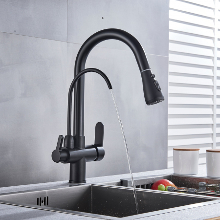 Articole de bucatarie - Baterie bucatarie pt. apa filtrata cu 3 cai si dus extractabil negru mat