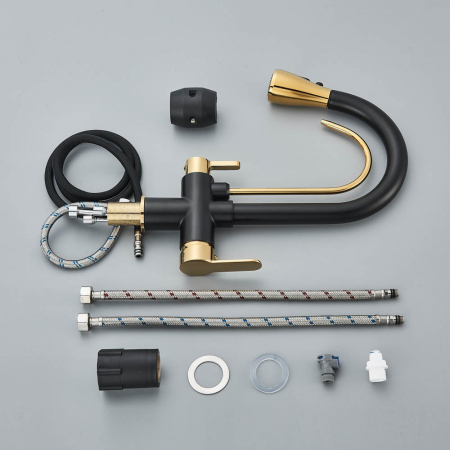 Baterie bucatarie pt. apa filtrata cu 3 cai si dus extractabil negru mat / auriu [3]