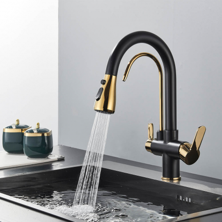 Baterii bucatarie cu filtru suplimentar - Baterie bucatarie pt. apa filtrata cu 3 cai si dus extractabil negru mat / auriu