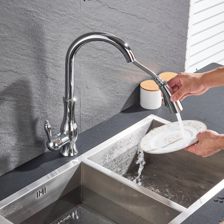 Baterie de bucatarie de lux, cromata, cu furtun extractibil si 2 functii de curgere a apei [10]