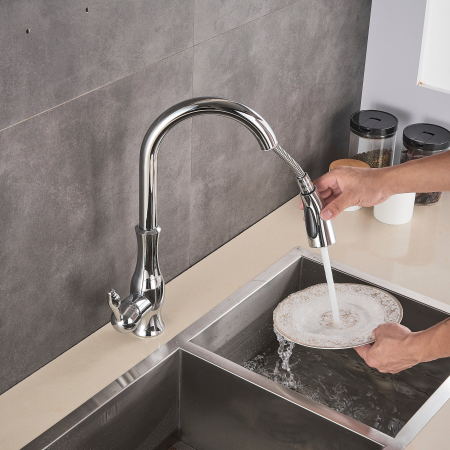 Baterie de bucatarie de lux, cromata, cu furtun extractibil si 2 functii de curgere a apei [8]